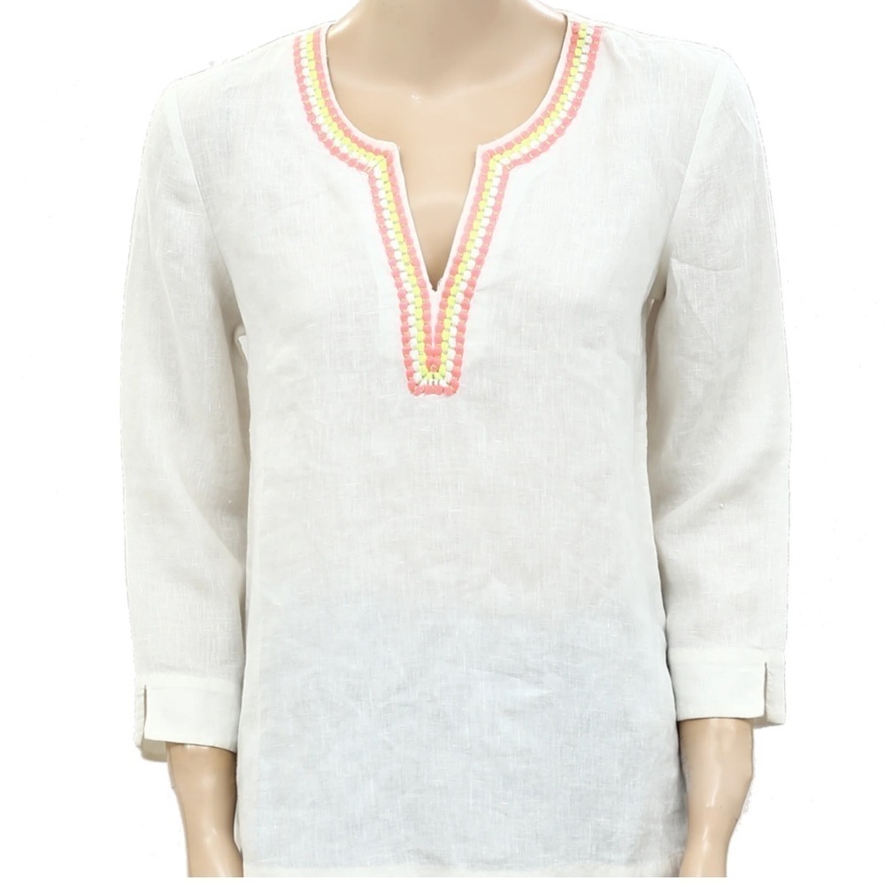 Penelope Anthropology Embroidered Linen Blouse Sz Large Floral V Neck Boho